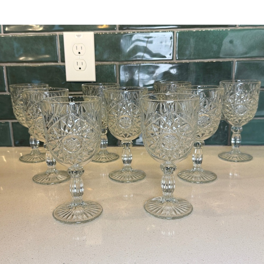 Vintage Anchor Hocking Wexford Water Goblets Set of 9 Clear Pressed Glass